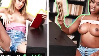 Blonde teen Rika Fane secret lesbian sex with pretty ebony girlfriend Boni romantic pussy licking orgasms