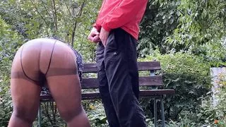 Double pissing stepmom in pantyhose and stepson outdoors