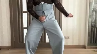 Crossdresser in blue high waist corset jeans, crop top and high heels cum and dance for her BDSM master like a cuckold