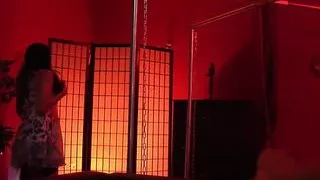 Two sexy sluts hold a shared cock in threesome