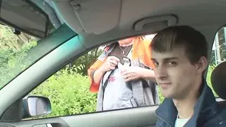 Hot grandma takes double penetration outdoors