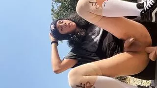 Femboy cums in broad daylight and plays with dildo