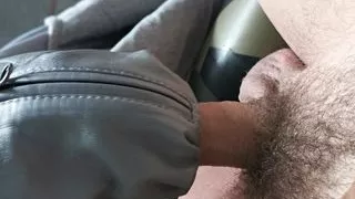 Pulsating cum in girls grey leather jacket