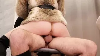 COWGIRL, REVERSE COWGIRL in leather boots, leather gloves. Female domination, tied up blindfolded man