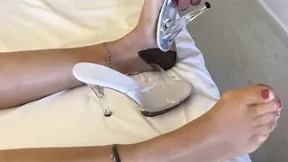 Cum on clear high heel mules and nylon feet