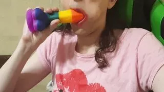 Crossdresser sucking on cam dildo solo blowjob