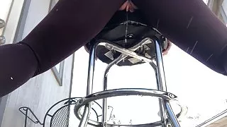 Humping barstool outdoor in ripped leggings with full bladder squirting pee until orgasm