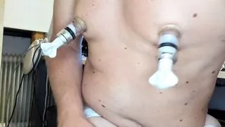 Bi Slut Hard Pumped Nipples with Nipple Clamps