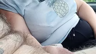 milf jerks off my cock in the car until I cum close up