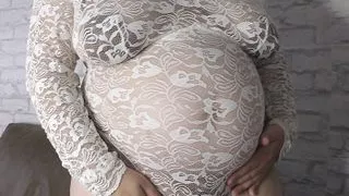 9 month pregnant BBW slutwife Milky Mari showing her huge lactating boobs, hairy pussy and big belly