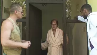 Two big-cocked guys share hot granny neighbor