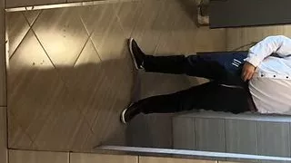 Horny at work with slimy dick in pants