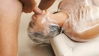 Plastic wrapped Asian teen fucked hard in her ass