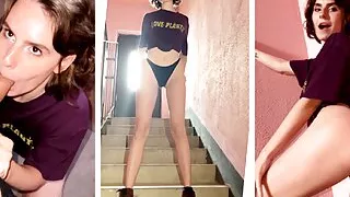 Public Blowjob on stairs - sucked cock on both stairs - Darcy Dark