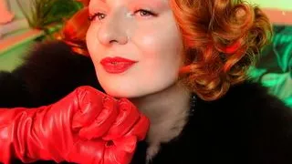 FUR and long red leather gloves ASMR video close up with Arya