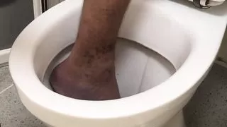 Foot in toilet and flush my foot (feet in toilet) (barefoot in toilet)