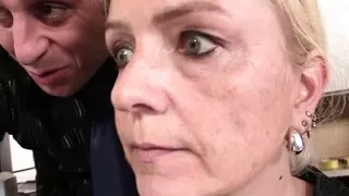 Old blonde granny takes two cocks for work