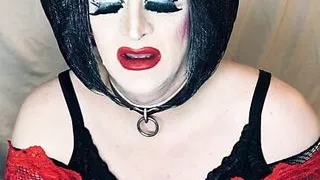 Slutty Sissy in Heavy Makeup Pleases Man on Webcam
