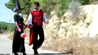 Slut with big tits loves sucking two cocks at once