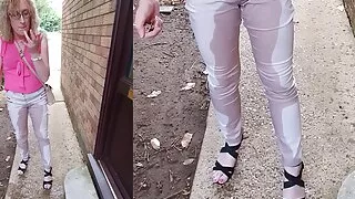 Mature MILF Pissing in my trousers pants on the doorstep