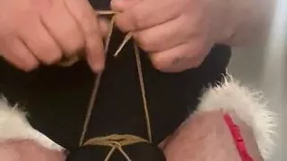 Cock bondage with crossdress and additional bondage hands cuffed to collar with butt plug insterted