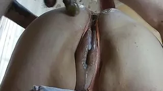 fucks me with a dick and a strap-on at the same time ending up in my pussy