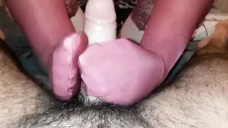 footjob with stockings and ejaculation on his feet