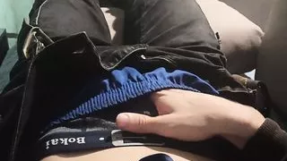 Twink with joggers rubs his dick