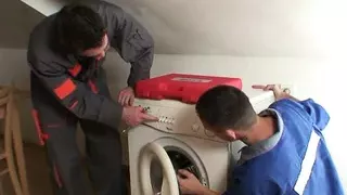 Two repairmen fuck cock-hungry old grandma