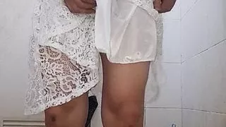 Crossdresser Wearing White Dress And Cum