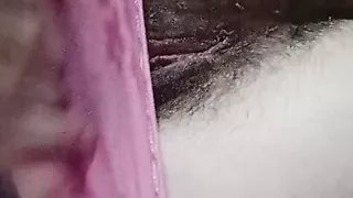 Tease in pink panties, hairy pussy lips.
