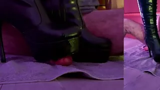 Bootjob, Trample & Cock Torture in Sexy Leather Knee High Heels Boots