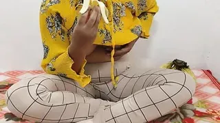 In a yellow short dress, I caress myself and jerk off my pussy with two fingers bring myself to orgasm in sexy panties