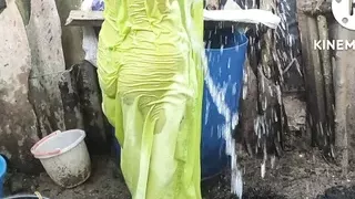 Bathing outside of topless boobs