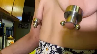 Longpussy, In the kitchen, Butt Plugs, Lots of Lube, Pierced Hot MILF, Short Skirt, Floppy Tits and some food prep.