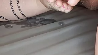 BBW footjob with massive cumshot on legs
