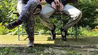 Athletic MILF in leggings helped pee outside