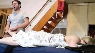 Horny stepson cumming on his Mothers feet in front cam