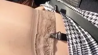 Lady Oups short dress stockings and suspender belt in car