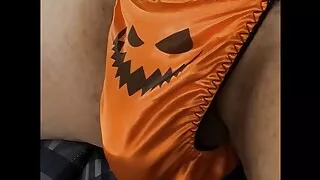 Playing With My Bulge In a Halloween Satin Sissy Thong