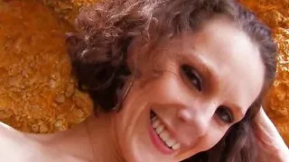 Brunette milf does anal sex and deep blowjob in the cave