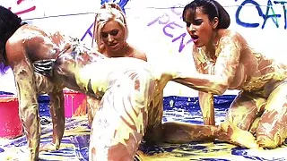 Big Tits Big Ass Lesbian Sluts get wet & messy with an Oily Wrestling Threesome Sex Party for Orgasm and Fun
