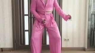 Sissy cuckold trap in satin wide leg palazzo trousers pants, satin silk jacket and high heels dancing, masturbating