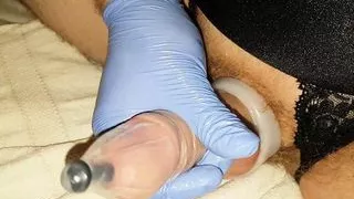 Cum with the 7mm deep silicone sounding rod in condom, with gloves, open pantie, deep sounding