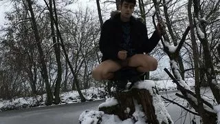 Romantic frozen lake jerking off