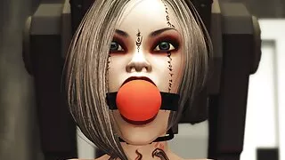 Ballgagged cuffed girl gets fucked by black masked woman