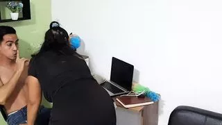 My stepmom sucks my dick when she's cleaning the studio