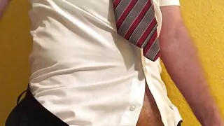 Wanking my uncut ginger cock in school uniform, cumming & eating my heavy load
