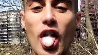 Chewing and swallowing own cum public