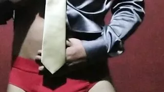 Masturbating in satin shirt and tie